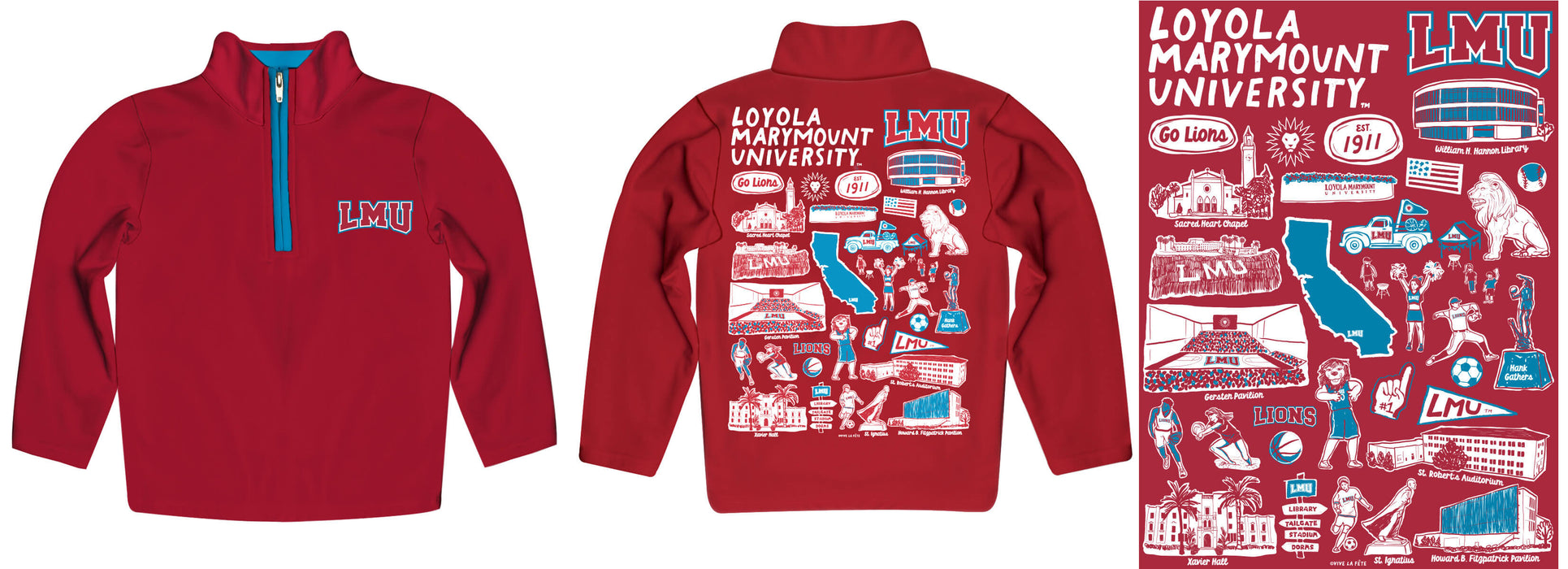 Loyola Marymount Lions Hand Sketched Vive La Fete Impressions Artwork Red Boys Quarter Zip Pullover V1 - Vive La Fête - Online Apparel Store