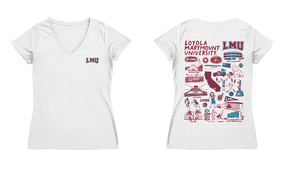 Loyola Marymount Lions Hand Sketched Vive La Fete Impressions Artwork Red Women Cotton Short Sleeve V-Neck Tshirt