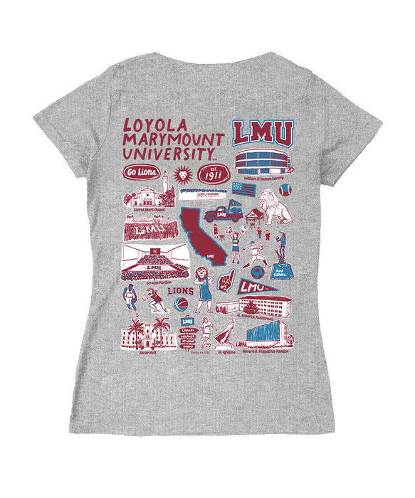 Loyola Marymount Lions Hand Sketched Vive La Fete Impressions Artwork Red Women Cotton Short Sleeve V-Neck Tshirt