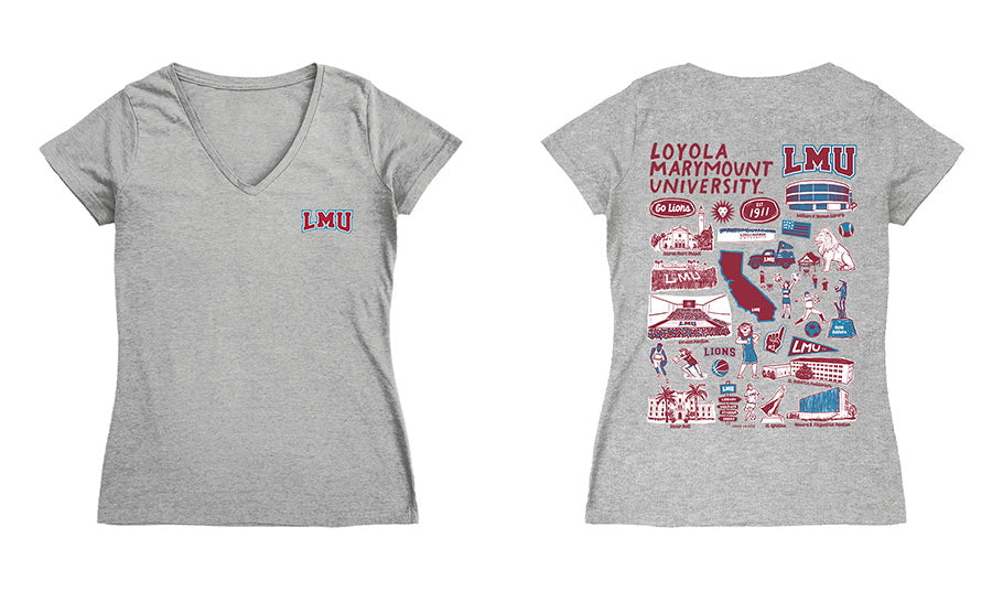 Loyola Marymount Lions Hand Sketched Vive La Fete Impressions Artwork Red Women Cotton Short Sleeve V-Neck Tshirt