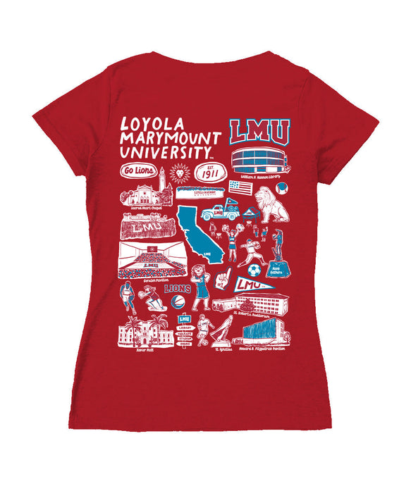 Loyola Marymount Lions Hand Sketched Vive La Fete Impressions Artwork Red Women Cotton Short Sleeve V-Neck Tshirt