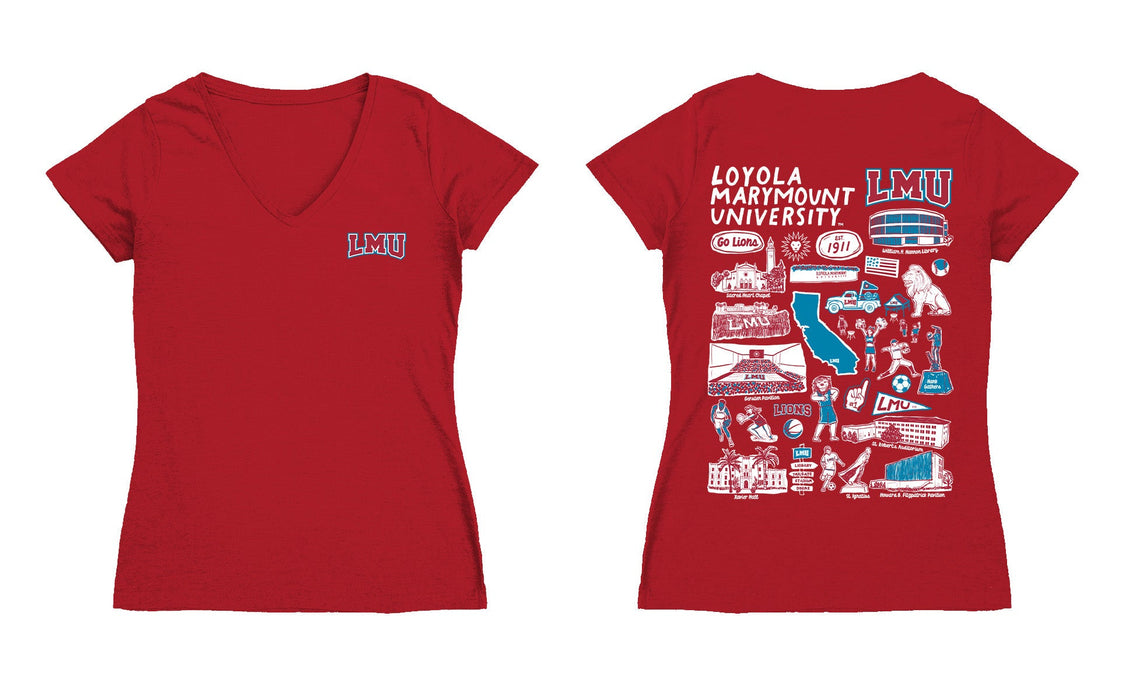 Loyola Marymount Lions Hand Sketched Vive La Fete Impressions Artwork Red Women Cotton Short Sleeve V-Neck Tshirt
