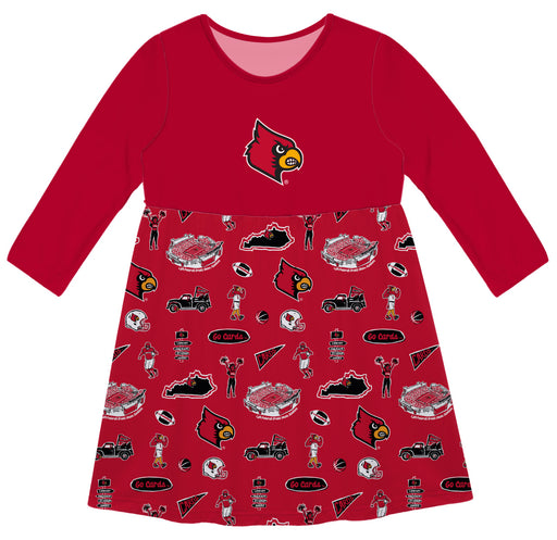 University of Louisville Cardinals Long Sleeve Solid Red Repeat Print Hand Sketched Impressions Artwork on Skirt