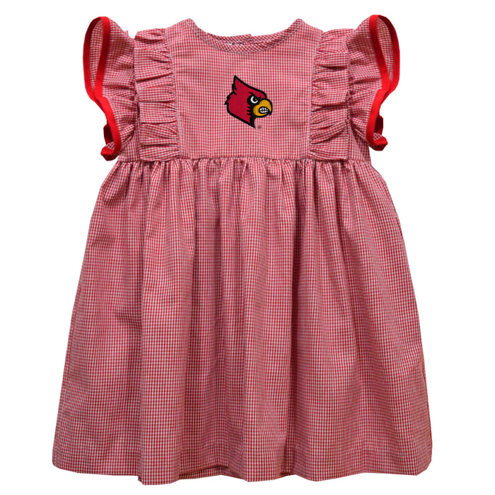 University of Louisville Cardinals Embroidered Cardinal Red Gingham Ruffle Dress
