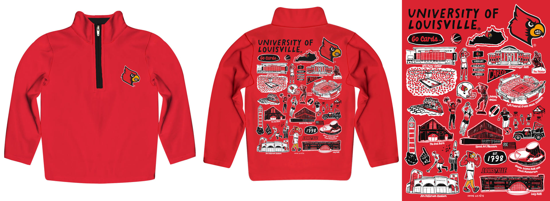 University of Louisville Cardinals Hand Sketched Vive La Fete Impressions Artwork Red Boys Quarter Zip Pullover V1 - Vive La Fête - Online Apparel Store