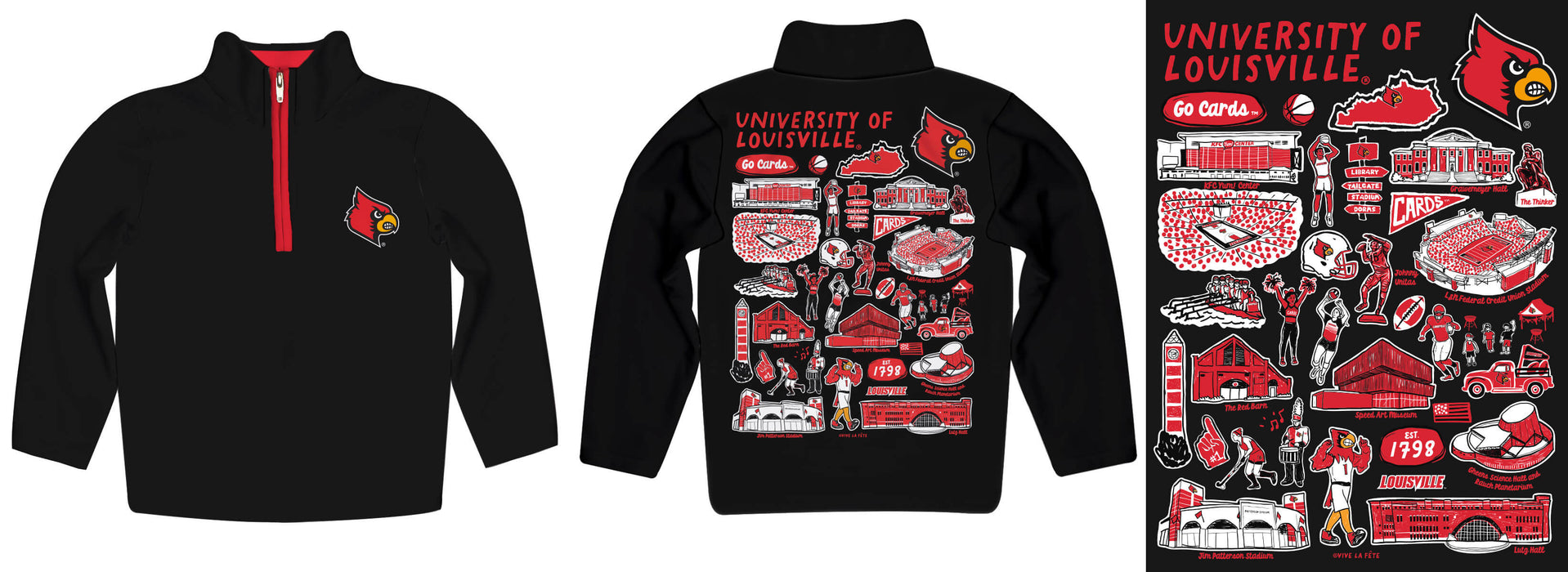 University of Louisville Cardinals Hand Sketched Vive La Fete Impressions Artwork Black Boys Quarter Zip Pullover V1 - Vive La Fête - Online Apparel Store