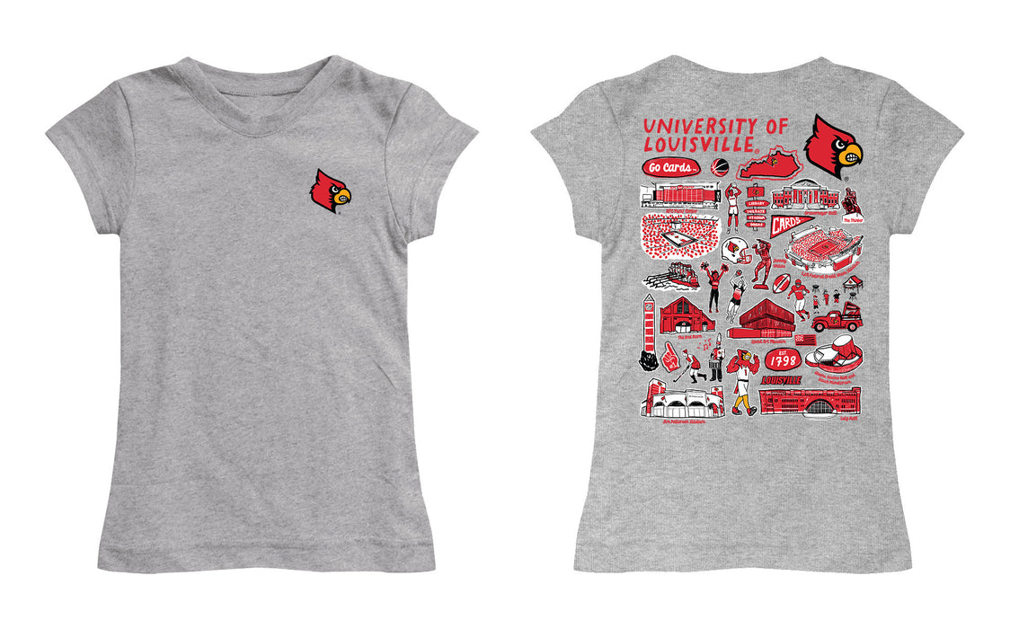 University of Louisville Cardinals Hand Sketched Vive La Fete Impressions Artwork Grey Girls Cotton Short Sleeve Tee - Vive La Fête - Online Apparel Store