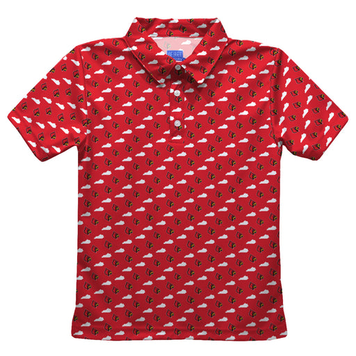 University of Louisville Cardinals Vive La Fete All Over Logo Red Short Sleeve Polo Shirt