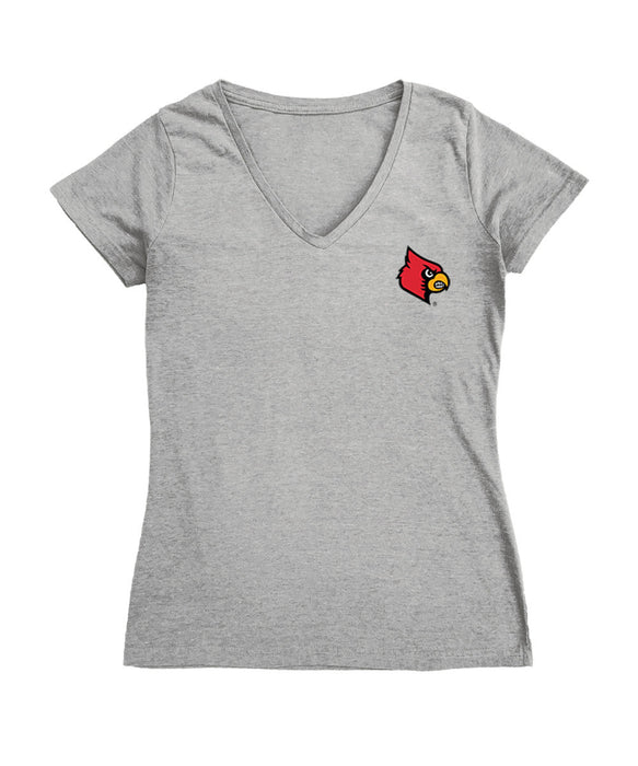 University of Louisville Cardinals Hand Sketched Vive La Fete Impressions Artwork Grey Women Cotton V-Neck Tshirt