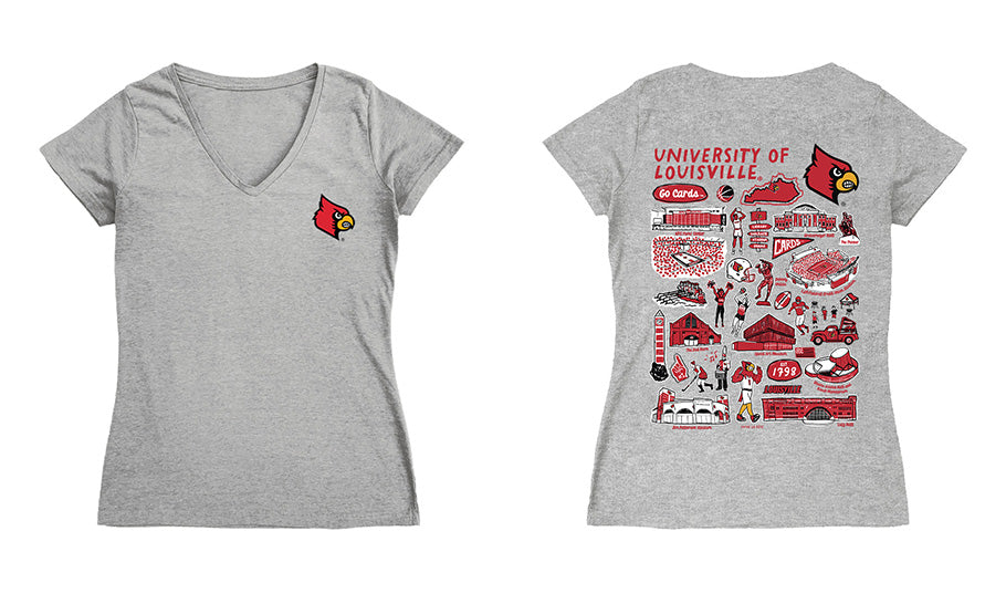University of Louisville Cardinals Hand Sketched Vive La Fete Impressions Artwork Red Women Cotton V-Neck Tshirt