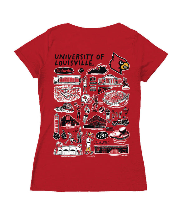 University of Louisville Cardinals Hand Sketched Vive La Fete Impressions Artwork Red Women Cotton V-Neck Tshirt