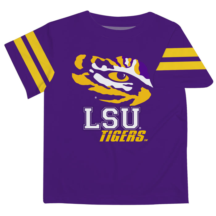 LSU Tigers Vive La Fete Boys Game Day Purple Short Sleeve Tee with Stripes on Sleeves