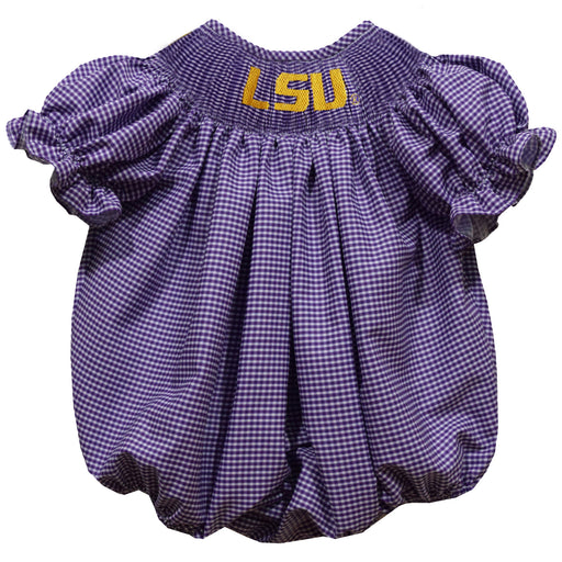 LSU Tigers Smocked Purple Gingham Short Sleeve Girls Bubble - Vive La Fête - Online Apparel Store