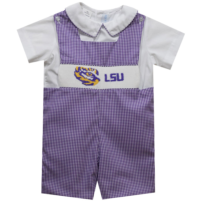 LSU Tigers Smocked Purple Gingham Jon Jon and Short Sleeve White Shirt