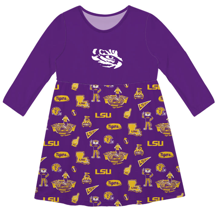 LSU Tigers Long Sleeve Solid Purple Repeat Print Hand Sketched Impressions Artwork on Skirt