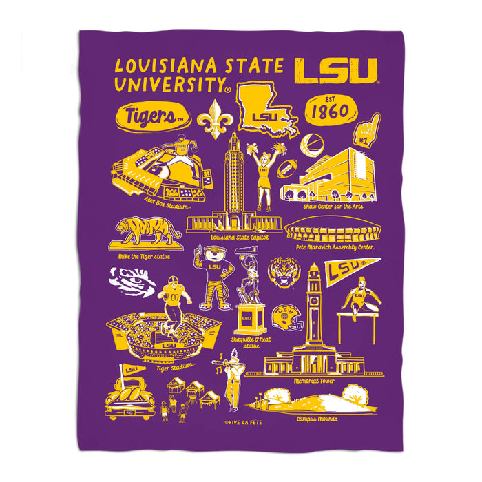 LSU Tigers Purple Hand Sketched Vive La Fete Impressions Artwork Plush Soft Minky Blanket 36 x 48