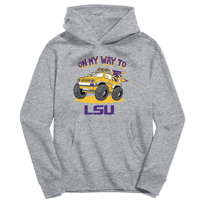 LSU Tigers On My Way Monster Truck Heather Grey Cotton Youth Hoodie