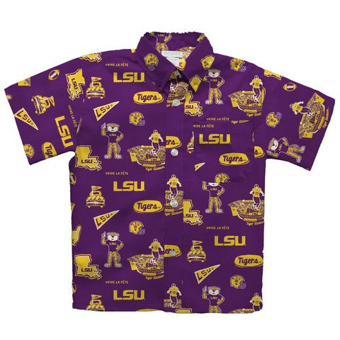 LSU Tigers Hand Sketched Logos Youth Short Sleeve Button Down Shirt