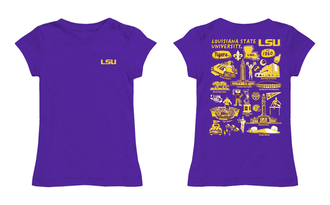 LSU Tigers Hand Sketched Vive La Fete Impressions Artwork Purple Girls Cotton Short Sleeve Tee - Vive La Fête - Online Apparel Store