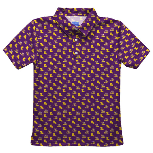 LSU Tigers Vive La Fete All Over Logo Purple Short Sleeve Polo Shirt