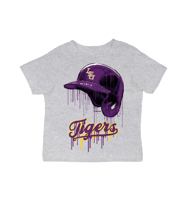 LSU Tigers Original Dripping Baseball Helmet Grey Cotton T-Shirt  by Vive La Fete