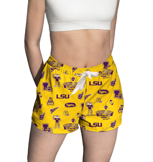 LSU Tigers Repeat Print Hand Sketched Vive La Fete Impressions Artwork Womens Purple Lounge Shorts
