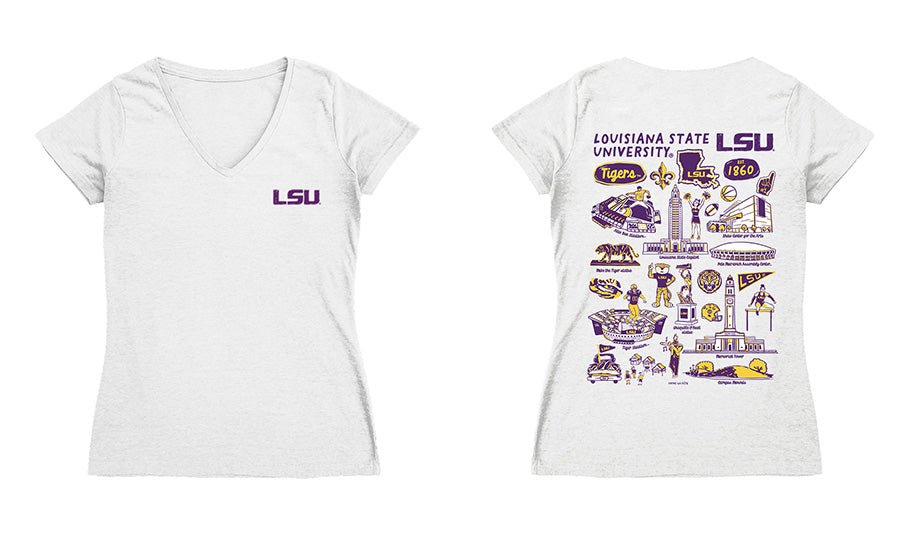 LSU Tigers Hand Sketched Vive La Fete Impressions Artwork Purple Women Cotton Short Sleeve V-Neck Tshirt