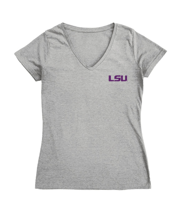 LSU Tigers Hand Sketched Vive La Fete Impressions Artwork Grey Women Cotton Short Sleeve V-Neck Tshirt
