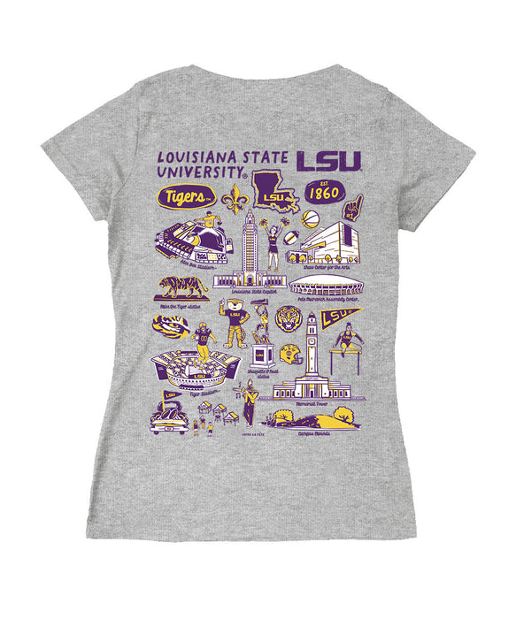 LSU Tigers Hand Sketched Vive La Fete Impressions Artwork Purple Women Cotton Short Sleeve V-Neck Tshirt