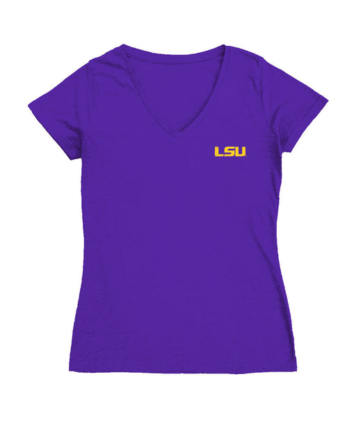 LSU Tigers Hand Sketched Vive La Fete Impressions Artwork Purple Women Cotton Short Sleeve V-Neck Tshirt
