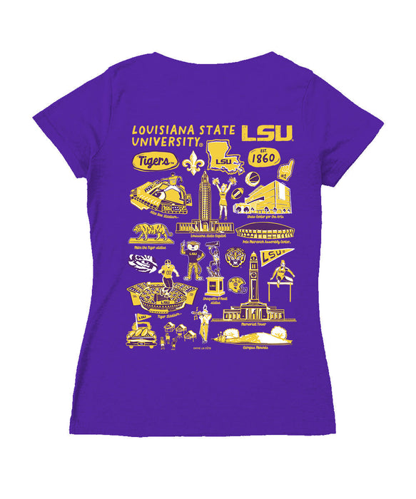 LSU Tigers Hand Sketched Vive La Fete Impressions Artwork Purple Women Cotton Short Sleeve V-Neck Tshirt