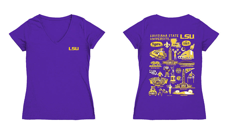 LSU Tigers Hand Sketched Vive La Fete Impressions Artwork Purple Women Cotton Short Sleeve V-Neck Tshirt