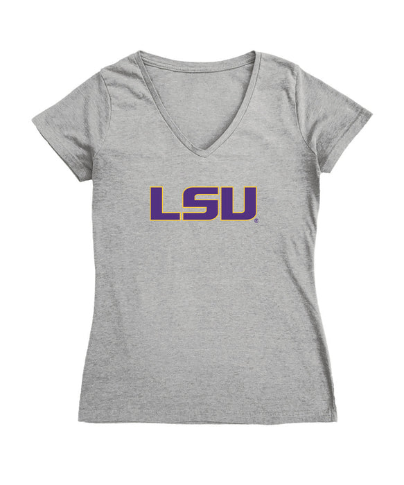 LSU Tigers Women's V-neck Fitted Cotton T-Shirt Grey
