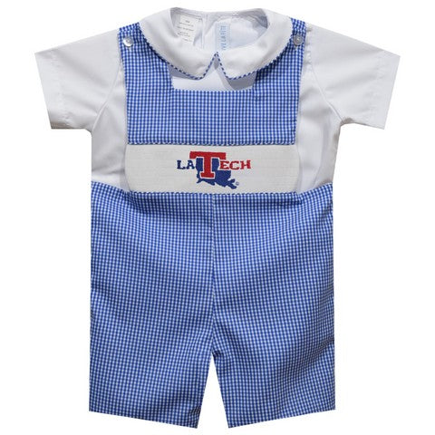 Louisiana Tech Bulldogs Smocked Royal Gingham Jon Jon and Short Sleeve White Shirt