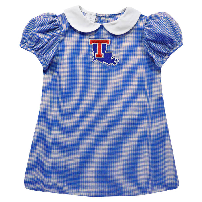 Louisiana Tech Bulldogs Embroidered Royal Gingham Short Sleeve A Line Dress