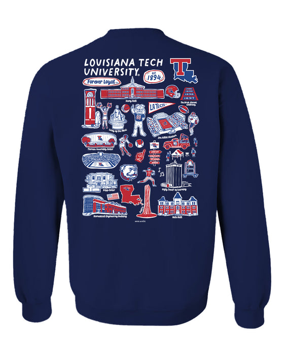 Louisiana Tech Bulldogs Hand Sketched Vive La Fete Impressions Artwork Navy Crew Neck Sweatshirt for Women - Vive La Fête - Online Apparel Store