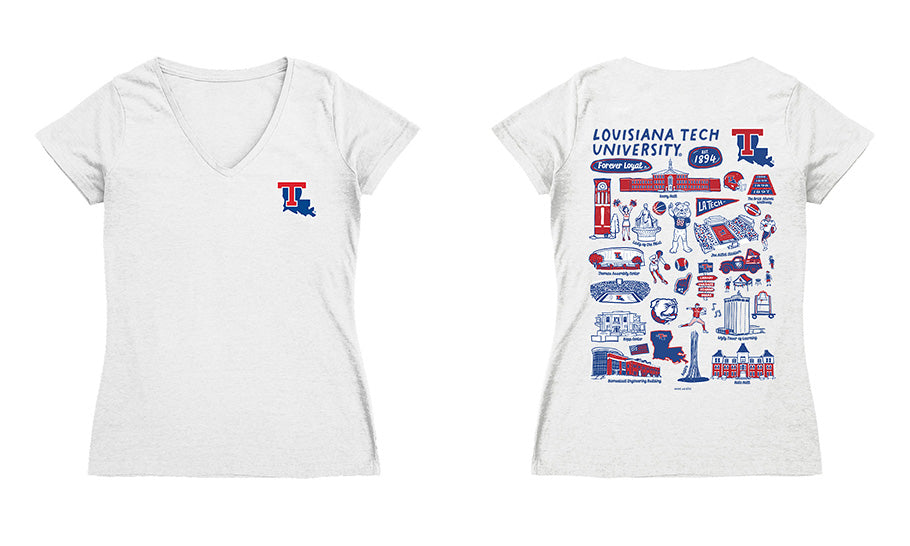 Louisiana Tech Bulldogs Hand Sketched Vive La Fete Impressions Artwork Navy Women Cotton Short Sleeve V-Neck Tshirt
