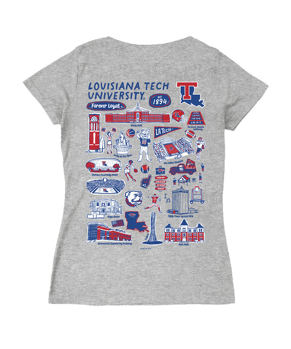 Louisiana Tech Bulldogs Hand Sketched Vive La Fete Impressions Artwork Navy Women Cotton Short Sleeve V-Neck Tshirt