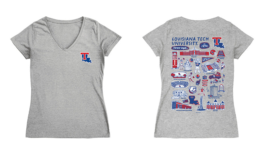 Louisiana Tech Bulldogs Hand Sketched Vive La Fete Impressions Artwork Navy Women Cotton Short Sleeve V-Neck Tshirt
