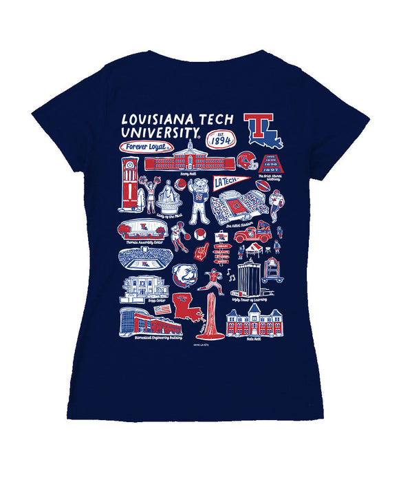 Louisiana Tech Bulldogs Hand Sketched Vive La Fete Impressions Artwork Navy Women Cotton Short Sleeve V-Neck Tshirt