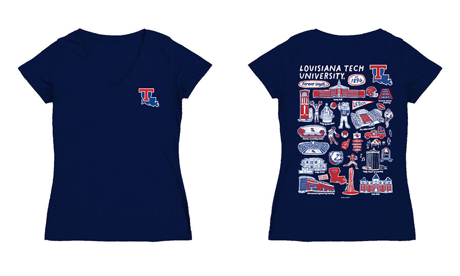Louisiana Tech Bulldogs Hand Sketched Vive La Fete Impressions Artwork Navy Women Cotton Short Sleeve V-Neck Tshirt