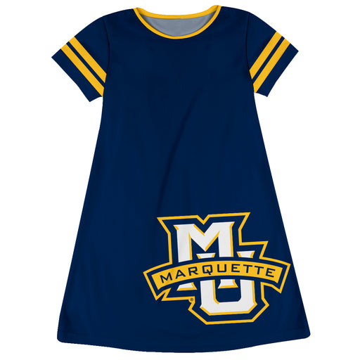 Marquette Golden Eagles Vive La Fete Girls Game Day Short Sleeve Navy A-Line Dress with large Logo