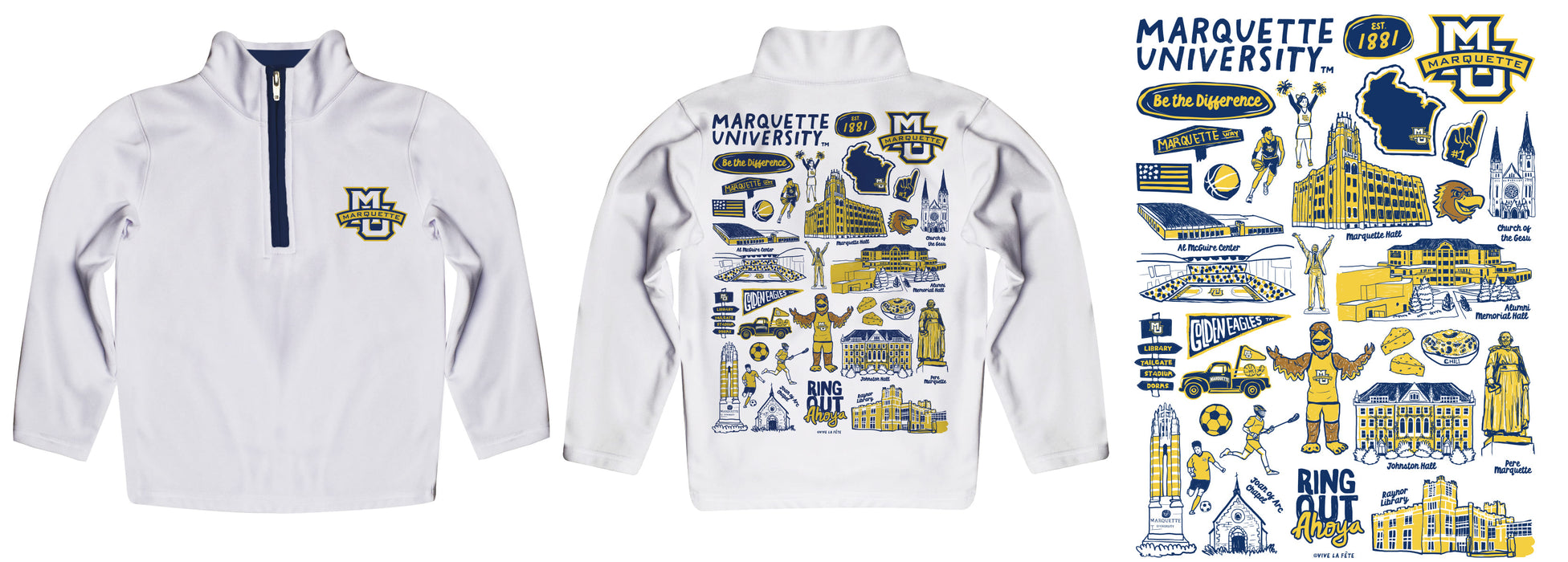 Marquette Golden Eagles Hand Sketched Vive La Fete Impressions Artwork White Boys Quarter Zip Pullover V1 - Vive La Fête - Online Apparel Store