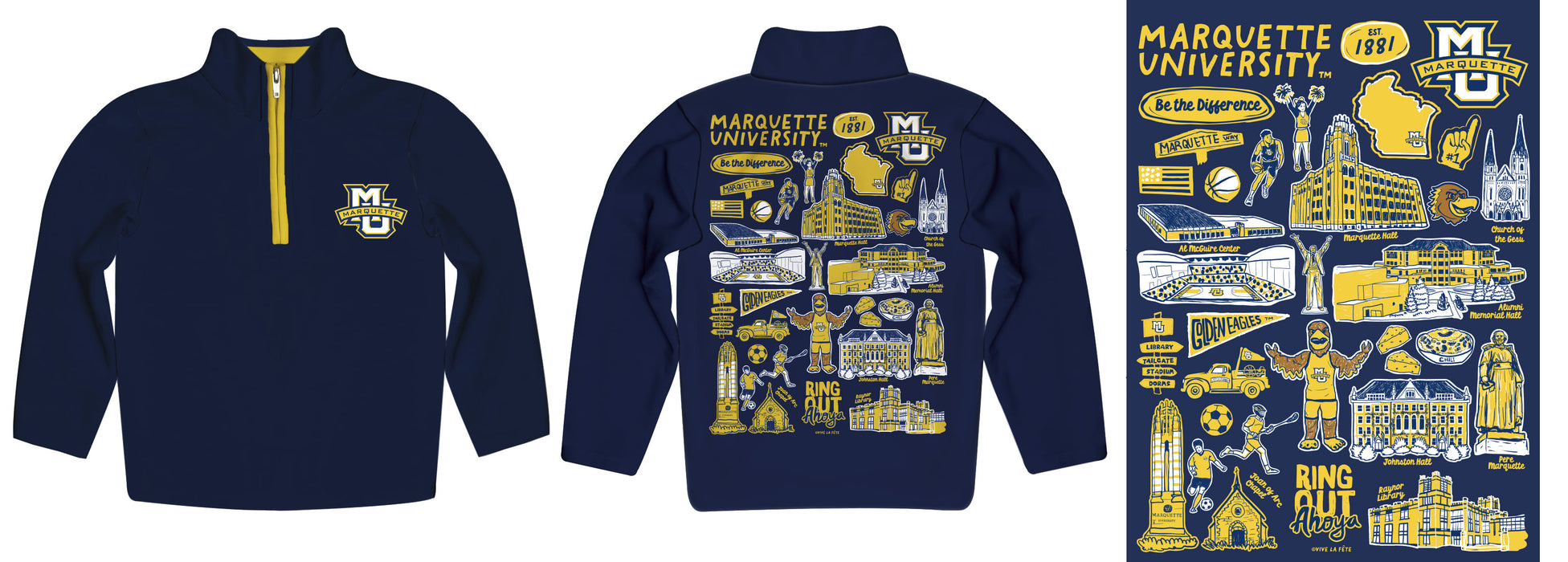 Marquette Golden Eagles Hand Sketched Vive La Fete Impressions Artwork Navy Boys Quarter Zip Pullover V1 - Vive La Fête - Online Apparel Store