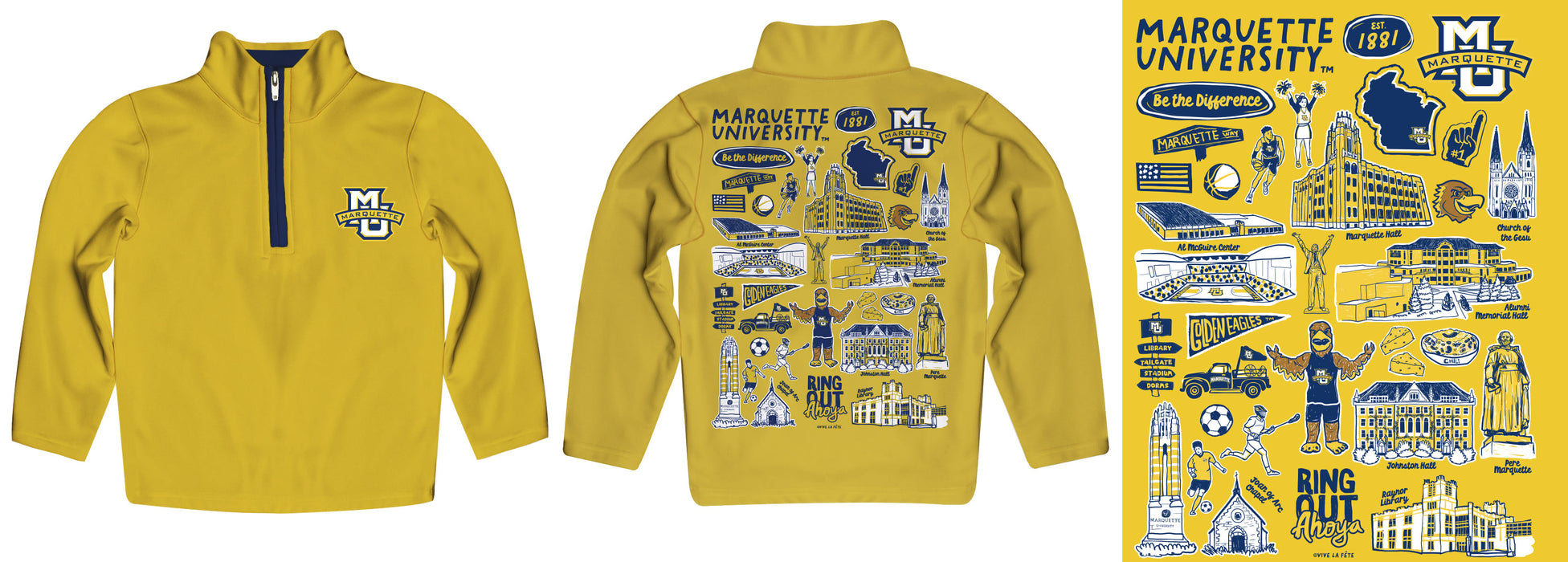 Marquette Golden Eagles Hand Sketched Vive La Fete Impressions Artwork Gold Boys Quarter Zip Pullover V1 - Vive La Fête - Online Apparel Store