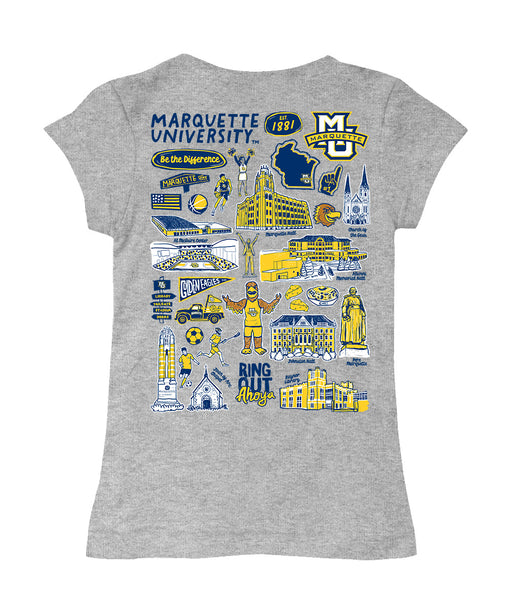 Marquette Golden Eagles Hand Sketched Vive La Fete Impressions Artwork Grey Girls Cotton Short Sleeve Tee - Vive La Fête - Online Apparel Store