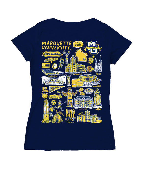 Marquette Golden Eagles Hand Sketched Vive La Fete Impressions Artwork Navy Women Cotton Short Sleeve V-Neck Tshirt