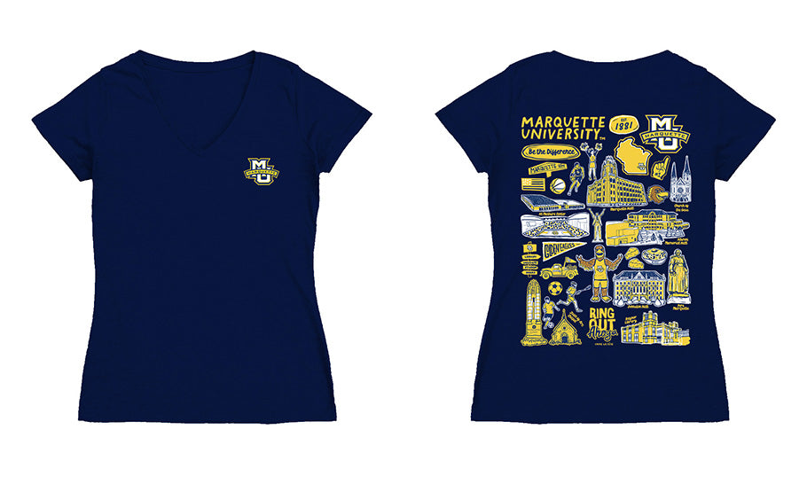 Marquette Golden Eagles Hand Sketched Vive La Fete Impressions Artwork Navy Women Cotton Short Sleeve V-Neck Tshirt