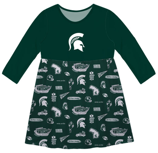 Michigan State Spartans Long Sleeve Solid Green Repeat Print Hand Sketched Vive La Fete Impressions Artwork on Skirt