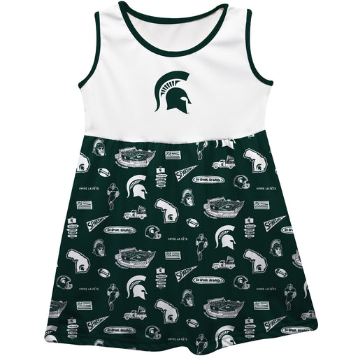 Michigan State Spartans Sleeveless Tank Dress Girls White Repeat Print Hand Sketched Vive La Fete Impressions